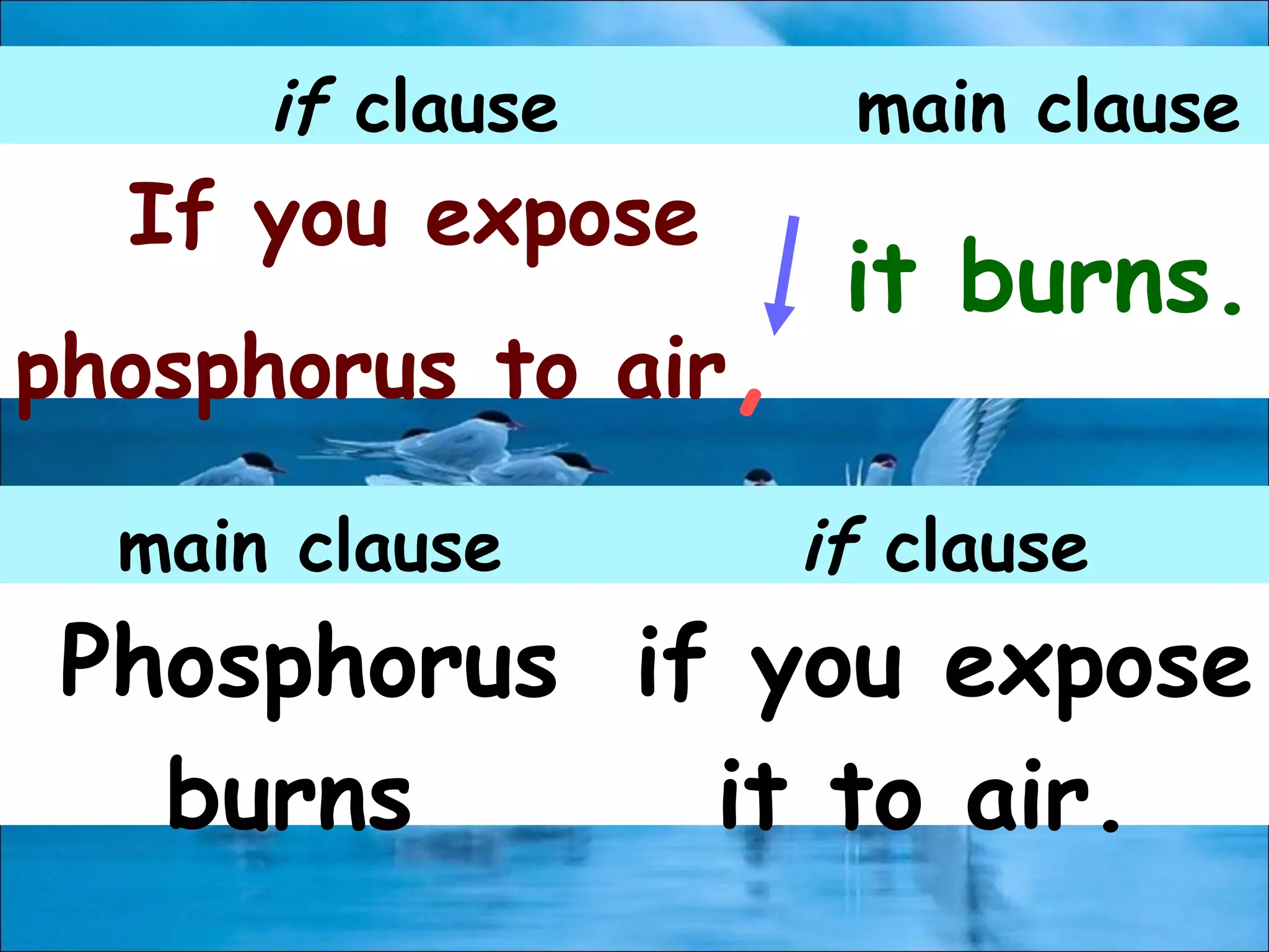 if clause main clause
If you expose
phosphorus to air,
it burns.
main clause if clause
Phosphorus
burns
if you expose
it to air.
 