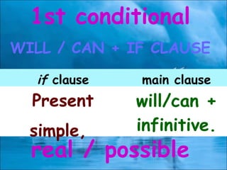 WILL / CAN + IF CLAUSE
if clause main clause
Present
simple,
will/can +
infinitive.
1st conditional
real / possible
 