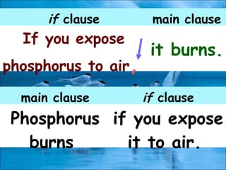 if clause main clause
If you expose
phosphorus to air,
it burns.
main clause if clause
Phosphorus
burns
if you expose
it to air.
 