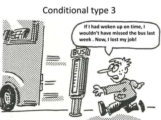 Conditional type 3 
If I had woken up on time, I 
wouldn’t have missed the bus last 
week . Now, I lost my job! 
 