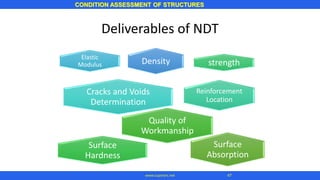 CONDITION ASSESSMENT OF STRUCTURES
47
www.superarc.net
Deliverables of NDT
Density
Elastic
Modulus
Cracks and Voids
Determination
Reinforcement
Location
strength
Surface
Hardness
Quality of
Workmanship
Surface
Absorption
 