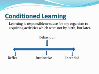 Conditioned Learning
Learning is responsible or cause for any organism to
acquiring activities which were not by birth, but later.
Behaviour
Reflex Instinctive Intended
 