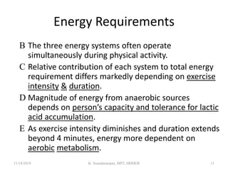 Energy Requirements
B The three energy systems often operate
simultaneously during physical activity.
C Relative contribution of each system to total energy
requirement differs markedly depending on exercise
intensity & duration.
D Magnitude of energy from anaerobic sources
depends on person’s capacity and tolerance for lactic
acid accumulation.
E As exercise intensity diminishes and duration extends
beyond 4 minutes, energy more dependent on
aerobic metabolism.
11/14/2019 K. Soundararajan, MPT, SRIHER 11
 
