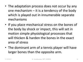 • The adaptation process does not occur by any
one mechanism – it is a tendency of the body
which is played out in innumerable separate
mechanisms
• If you place mechanical stress on the bones of
the body by shock or impact, this will set in
motion simple physiological processes that
will thicken & harden the bones in the exact
area of stress
• The dominant arm of a tennis player will have
larger bones than the opposite arm.
11/14/2019 K. Soundararajan, MPT, SRIHER 16
 