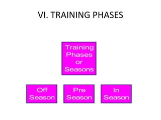 VI. TRAINING PHASES
Off
Season
Pre
Season
In
Season
Training
Phases
or
Seasons
 