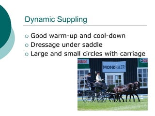 Dynamic Suppling

   Good warm-up and cool-down
   Dressage under saddle
   Large and small circles with carriage
 
