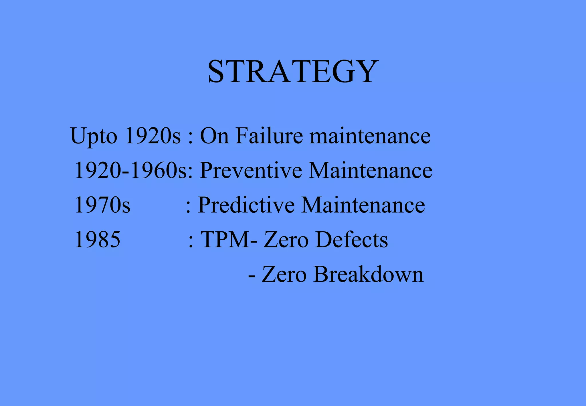 STRATEGY
Upto 1920s : On Failure maintenance
1920-1960s: Preventive Maintenance
1970s : Predictive Maintenance
1985 : TPM- Zero Defects
- Zero Breakdown
 