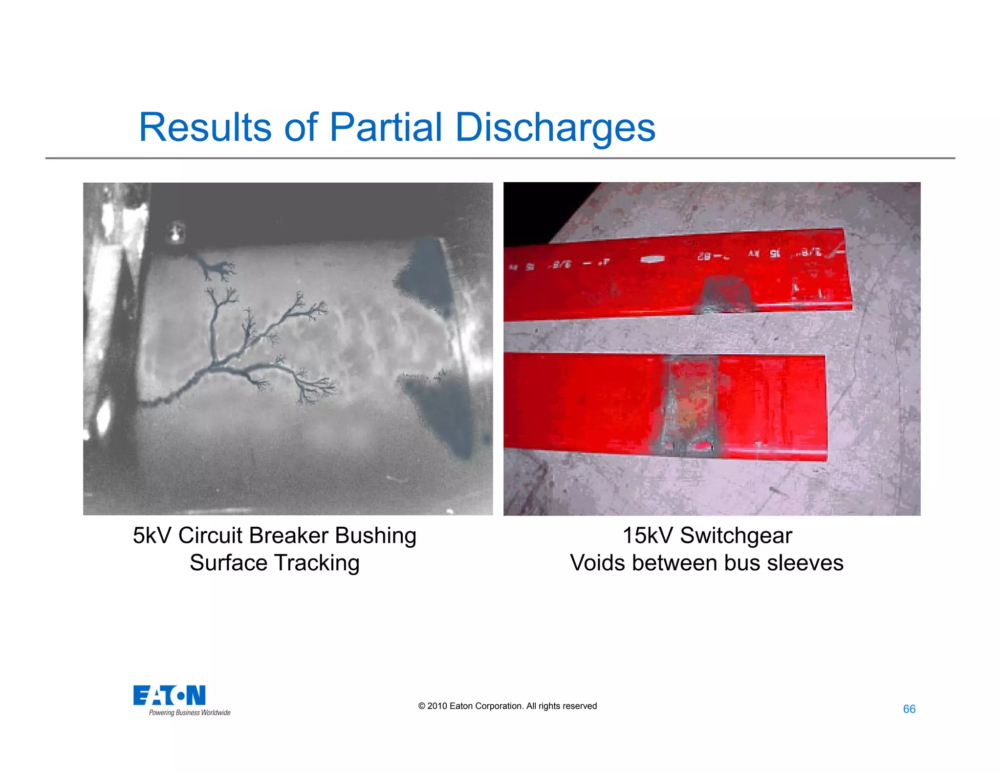 66
66© 2010 Eaton Corporation. All rights reserved.
Results of Partial Discharges
5kV Circuit Breaker Bushing
Surface Tracking
15kV Switchgear
Voids between bus sleeves
 
