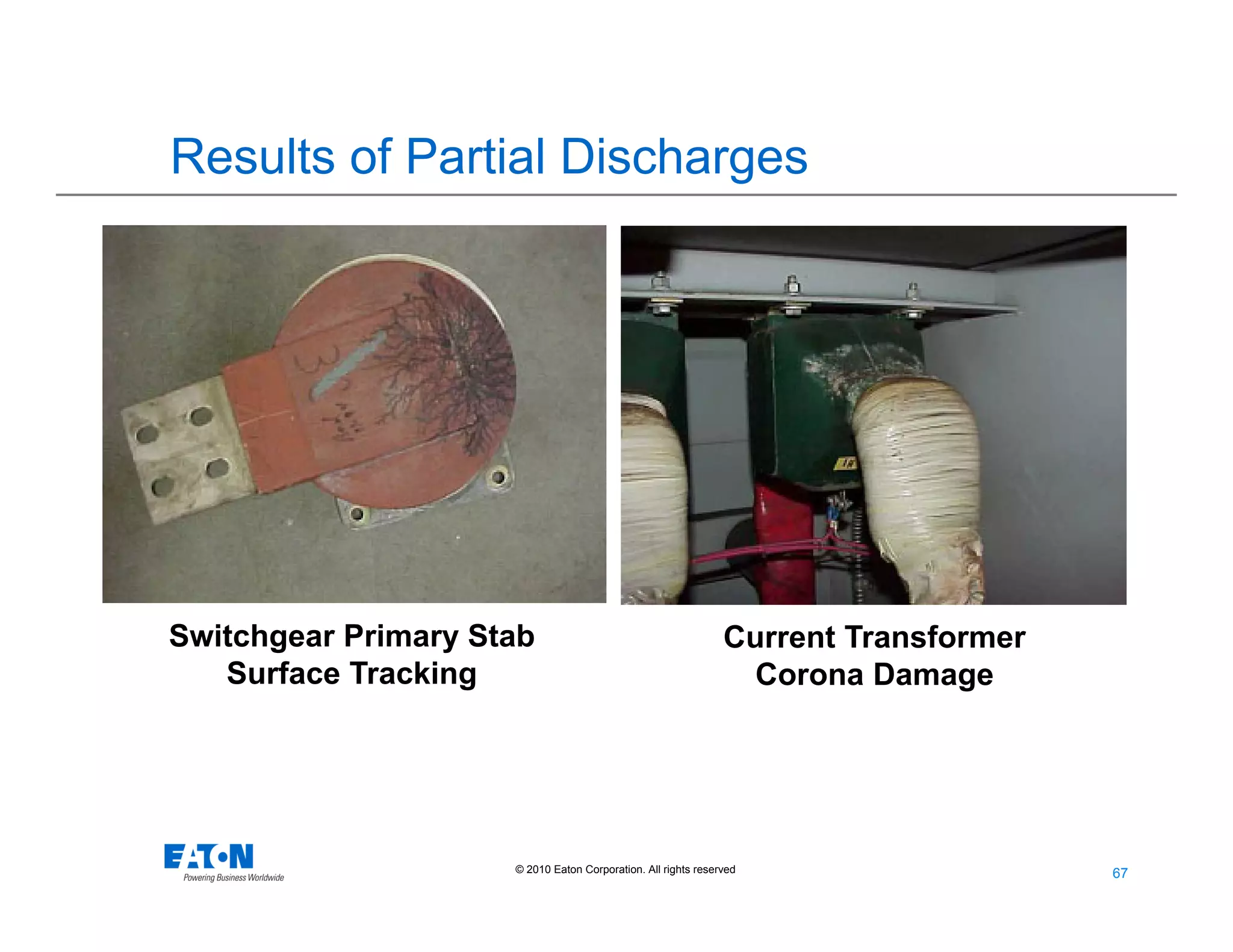 67
67© 2010 Eaton Corporation. All rights reserved.
Results of Partial Discharges
Switchgear Primary Stab
Surface Tracking
Current Transformer
Corona Damage
 