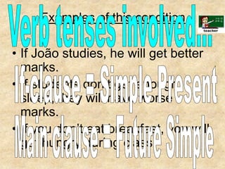 Examples of this conditionVerb tenses involved...If João studies, he will get better marks.If students don’t get enough sleep, they will have worse marks.If you don’t eat breakfast, you will get hungry during class.If-clause = Simple PresentMain clause = Future Simple
