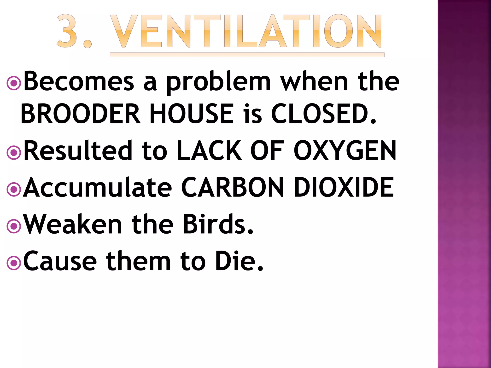Becomes a problem when the
BROODER HOUSE is CLOSED.
Resulted to LACK OF OXYGEN
Accumulate CARBON DIOXIDE
Weaken the Birds.
Cause them to Die.
 