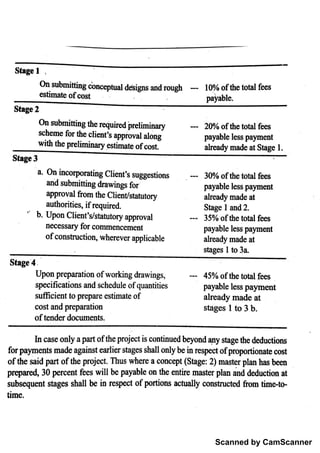 Scanned by CamScanner
ti
m e .
su b s e q u e n t s ta g e s s h a ll b e in re sw t o f p o rtio n s a c tu a lly c o n s tr u c te d lr o n ıtim e to -
P r e p 30 pe r c e n t fe e s w ill b e p a y a b le o n th e e n tire m a s te r p la n a n d d e d u c tio n a t
o f th e sa id p a rt o f th e p r o j
e c t. T hu s w h e re a c o n c e p t (Sta g e 2 )m a s te r p la iıh a s b e e n
fo r p a y m e ı
ı
ts m a d e a g a in s t e a r lie r s ta g e s sh a ll o n ly b e in re sp e c t o f p ro p o rtio n a te c o s t
In c a s e o n ly a p a r t o f th e p ro j
e c t is c o n tin u e d b e y o n d a
p y s ta g e th e d e d u c tio n s
o f te n d e r d o c u m e n ts .
c o s t a n d p re p a ra tio n s ta g e s 1 to 3 b .
s u f fic ie n t to p re p a re e s tim a te o f a lr e a d y m a d e a t
sp e c ific a tio n s a n d s c h e d u le o f q u a n ń ń e s
p a y a b le le ss p a y m e iı
t
U po n p re p a ra tio n o f w o rk in g d ra w in g s ,
- -
4 5% o f th e to ta l fe e s
Sta g e
'
4 .
'
s ta g e s 1 to 3 &
o f c o n s tr u c ū o n , w he re v e r a p p lic a b le a lr e a d y m a a t
n e c e s sa ry fo r c o m m e n c e m e n t
p a y a b le le s s p a y n ı
e n t
"
b . U p o n C lie n ť s ls ta tu to ry a p p r o v a l -
35% o f th e to ta l fe e s
a u th o r itie s , if re q u ir e d S ta g e 1 a n d 2 .
a p p ro v a l fr o m th e C lie n tlsta tu to ry a lr e a d y m a d e a t
a n d s u b m ittin g d ra w in g s fo r
p a y a b le le s s p a y m e n t
a . O n in c o rp o ra tin g C lie n t?
s su g g e s tio n s -
30% o f th e to ta l fe e s
S ta g e 3
w ith th e p r e lim in a ry e stim a te o f c o a lr e a d y m a d e a t S ta g e l .
s c h e n ı
e fo r th e c lie n t
'
s a
ppro v a l a lo n g p a y a b le le s s p a y m e n t
O n s u b m ittin g th e re q u ir e d þ
re lim in u y 2 0 % o f th e to ta l fe s
S ta g e 2
e s tim a te o f c o s t
p a ýa b le .
O n s u b m ittin g nceptualdes i a n d ro u g h -
1o% o f th e to ta l fe e s
S ta g e 1 ,
 