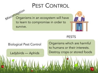 2222
PEST CONTROL
Biological Pest Control
Organisms in an ecosystem will have
to learn to compromise in order to
survive.
Misconception
Organisms which are harmful
to humans or their interests.
Destroy crops or stored foods
PESTS
Ladybirds — Aphids
 