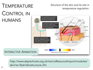 27
http://www.abpischools.org.uk/res/coResourceImport/modules/
skin/en-flash/skinstructure.cfm
INTERACTIVE ANIMATION
Structure of the skin and its role in
temperature regulation.
TEMPERATURE
CONTROL IN
HUMANS
 