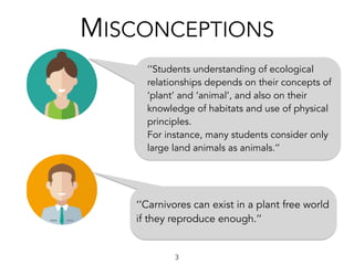 3
MISCONCEPTIONS
‘’Students understanding of ecological
relationships depends on their concepts of
‘plant’ and ‘animal’, and also on their
knowledge of habitats and use of physical
principles.
For instance, many students consider only
large land animals as animals.’’
‘’Carnivores can exist in a plant free world
if they reproduce enough.’’
 