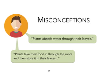 ‘’Plants absorb water through their leaves.’’
MISCONCEPTIONS
34
‘’Plants take their food in through the roots
and then store it in their leaves. .’’
 