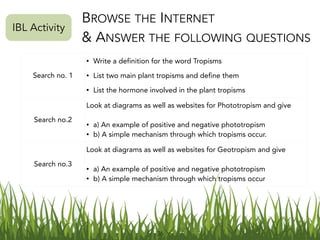 36
Search no. 1
• Write a definition for the word Tropisms
• List two main plant tropisms and define them
• List the hormone involved in the plant tropisms
Search no.2
Look at diagrams as well as websites for Phototropism and give
• a) An example of positive and negative phototropism
• b) A simple mechanism through which tropisms occur.
Search no.3
Look at diagrams as well as websites for Geotropism and give
• a) An example of positive and negative phototropism
• b) A simple mechanism through which tropisms occur
BROWSE THE INTERNET
& ANSWER THE FOLLOWING QUESTIONS
IBL Activity
 