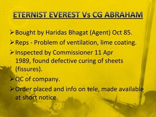 Bought by Haridas Bhagat (Agent) Oct 85.
Reps - Problem of ventilation, lime coating.
Inspected by Commissioner 11 Apr
 1989, found defective curing of sheets
 (fissures).
QC of company.
Order placed and info on tele, made available
 at short notice.
 