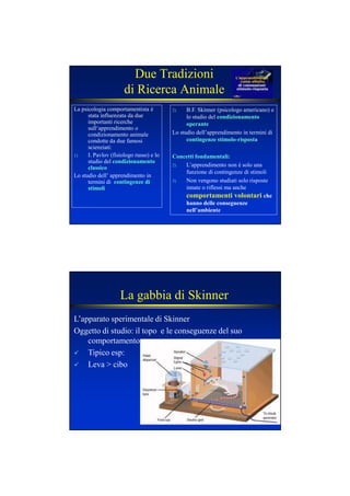 Due Tradizioni
di Ricerca Animale
La psicologia comportamentista è
stata influenzata da due
importanti ricerche
sull‘apprendimento o
condizionamento animale
condotte da due famosi
scienziati:
1) I. Pavlov (fisiologo russo) e lo
studio del condizionamentocondizionamento
classicoclassico
Lo studio dell’ apprendimento in
termini di contingenze dicontingenze di
stimolistimoli
2) B.F. Skinner (psicologo americano) e
lo studio del condizionamentocondizionamento
operanteoperante
Lo studio dell’apprendimento in termini di
contingenze stimolocontingenze stimolo--rispostarisposta
Concetti fondamentali:Concetti fondamentali:
2) L’apprendimento non è solo una
funzione di contingenze di stimoli
3) Non vengono studiati solo risposte
innate o riflessi ma anche
comportamenti volontari che
hanno delle conseguenze
nell’ambiente
La gabbia di Skinner
L’apparato sperimentale di Skinner
Oggetto di studio: il topo e le conseguenze del suo
comportamento
Tipico esp:
Leva > cibo
 