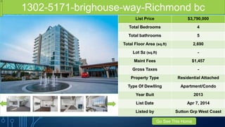 1302 5171 BRIGHOUSE WAY RICHMOND BC1302-5171-brighouse-way-Richmond bc
List Price $3,790,000
Total Bedrooms 4
Total bathrooms 5
Total Floor Area (sq.ft) 2,690
Lot Sz (sq.ft) -
Maint Fees $1,457
Gross Taxes -
Property Type Residential Attached
Type Of Dewlling Apartment/Condo
Year Buit 2013
List Date Apr 7, 2014
Listed by Sutton Grp West Coast
Go See This Home
 