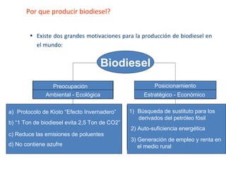Por que producir biodiesel?  Existe dos grandes motivaciones para la producción de biodiesel en el mundo: Biodiesel Preocupación Ambiental - Ecológica Posicionamiento Estratégico - Económico   Protocolo de Kioto “Efecto Invernadero” b) “1 Ton de biodiesel evita 2,5 Ton de CO2” c) Reduce las emisiones de poluentes d) No contiene azufre Búsqueda de sustituto para los derivados del petróleo fósil   2) Auto-suficiencia energética   3) Generación de empleo y renta en el medio rural 