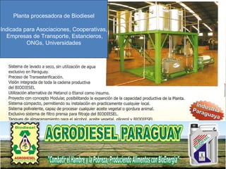 Planta procesadora de Biodiesel Indicada para Asociaciones, Cooperativas, Empresas de Transporte, Estancieros, ONGs, Universidades 