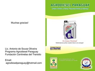 Muchas gracias! Lic. Antonio de Sousa Oliveira Programa Agrodiesel Paraguay Fundación Centinelas del Transito Email: [email_address] 