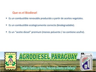 Que es el Biodiesel Es un combustíble renovable producido a partir de aceites vegetales. Es un combustíble ecologicamente correcto (biodegradable). Es un “aceite diesel” premium (menos poluente / no contiene azufre). 