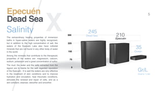 X
Epecuén
Dead Sea
5
The extraordinary healing properties of immersion
baths in hyper-saline waters are highly recognized,
but in addition to the high concentration of salt, the
waters of the Epecuén Lake also have colloidal
minerals that are not found in any other body of water
in the world.
Among the minerals that contribute to the therapeutic
properties of the waters are: magnesium, calcium,
sodium, potassium and a great concentration of sulfur.
The mud, the water and the salts extracted from the
lagoon are to blame for the well regarded reputation
of the Epecuén. It is said the waters are very effective
in the treatment of skin conditions and to improve
hydration and circulation, heal rheumatic conditions,
stimulate the renewal and repair of cells, and as a
skin exfoliant, cleanser, detoxiﬁer and smoother.
Salinity
Dead Sea
Epecuén
Ocean
245
210
35
Gr/L
Grams / Liter
 