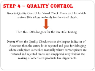 STEP 4 – QUALITY CONTROL
 Goes to Quality Control for Visual Check. From each lot which
         arrives 30 is taken randomly for the visual check.



        Then this 100% lot goes for the Pin Hole Testing

 Note: When the Quality Check crosses the Inspect Indicator of
  Rejection then the entire lot is rejected and goes for Salvaging
  where each piece is checked manually where correct pieces are
   restored and rejected pieces are scrapped & recycled for the
         making of other latex products like slippers etc.
 