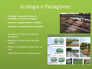 Ecologia e Paisagismo:Proteger / aumentar áreas de proteção e recuo de drenagemConectar espaços abertos e habitatProteger / aumentar áreas molhadasSequestro de carbono através de paisagismoRedução do efeito de ilha de calor urbanoPlantio e jardinagem comunitária ‘on-site’Vegetação nativa e de águas baixas
