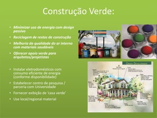 Construção Verde:Minimizar uso de energia com design passivoReciclagem de restos de construçãoMelhoria da qualidade do ar interno com materiais saudáveisOferecer apoio verde para arquitetos/projetistasInstalar eletrodomésticos com consumo eficiente de energia (conforme disponibilidade)Estabelecer centro de pesquisa / parceria com UniversidadeFornecer exibição de ‘casa verde’Use local/regional material