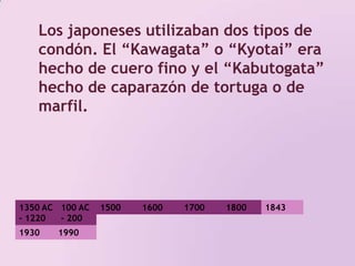 Los japoneses utilizaban dos tipos de condón. El “Kawagata” o “Kyotai” era hecho de cuero fino y el “Kabutogata” hecho de caparazón de tortuga o de marfil. 1350 AC - 1220 AC100 AC - 200 DC 1500 1800 17001600184319301990