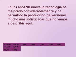 En los años 90 nueva la tecnología ha mejorado considerablemente y ha permitido la producción de versiones mucho más sofisticadas que no vamos a describir aquí. 1350 AC - 1220 AC100 AC - 200 DC 1500 1800 17001600184319301990