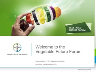 Welcome to the
Vegetable Future Forum

Liam Condon – CEO Bayer CropScience
Monheim, 13 December 2012
 