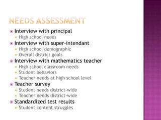  Interview with principal
 High school needs
 Interview with super-intendant
 High school demographic
 Overall district goals
 Interview with mathematics teacher
 High school classroom needs
 Student behaviors
 Teacher needs at high school level
 Teacher survey
 Student needs district-wide
 Teacher needs district-wide
 Standardized test results
 Student content struggles
 