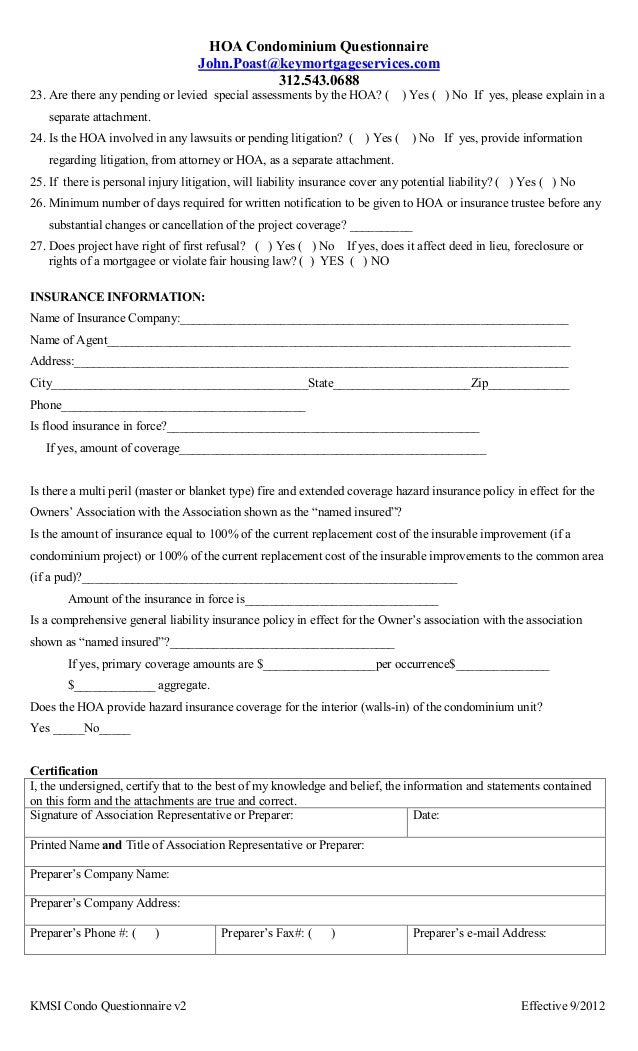 condo questionaire hoa certification form