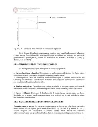 UNIVERSIDAD NACIONAL DE INGENIERÍA
FACULTAD DE INGENIERÍA CIVIL
SECCIÓN DE POSGRADO
_________________________________________________________________________
11
Fig.N° 2.01: Variación de la relación de vacíos con la presión
En la década del ochenta este concepto empieza a ser modificado pues no solamente
existen suelos finos colapsables sino también que el colapso se presenta en suelos de
granulometría gruesa(gravas) como lo manifiesta el M.I.M.S Martinez A.(1980) y
Rollins,M.et al (1994).
2.1.1.- TIPOS DE SUELOS FINOS COLAPSABLES
Se distinguen cuatro tipos principales de suelos colapsables:
a) Suelos aluviales y coluviales. Depositados en ambientes semidesérticos por flujos más o
menos torrenciales, tienen con frecuencia una estructura inestable.
El cuadrángulo de Tacna los depósitos aluviales constituyen el cono de dirección del Río
Caplina y sus tributarios. En la Pampas de Viñani estos depósitos aluviales esta constituido
por conglomerados, arenas, limos, sales.
b) Cenizas volcánicas. Provenientes de cenizas arrojadas al aire por eventos recientes de
actividad volcánica explosiva, conforman planicies de suelos limosos y limo – arcillosos.
c) Suelos residuales. Derivados de la alteración de minerales de ciertas rocas, son luego
lixiviados por el agua y pierden su cementante y su sustento por lo cual también terminan
con una estructura inestable.
2.1.2.- CARACTERÍSTICAS DE SUELOS COLAPSABLES
Estructura macro porosa: La estructura macro porosa se debe a una relación de vacíos (e)
relativamente alta, se sugiere que el valor crítico sea 0.8 (Conciani, W y Soares, M.,1995),
valores mayores son susceptibles al colapso (ref.6), deben poseer una densidad
relativamente baja y una granulometría fina. Para la zona en estudio la granulometría no es
 