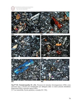 UNIVERSIDAD NACIONAL DE INGENIERÍA
FACULTAD DE INGENIERÍA CIVIL
SECCIÓN DE POSGRADO
_________________________________________________________________________
70
l01) 02)
03) 04)
05) 06)
Fig.N°7.01: Fotomicrografías 01 a 06.- Presencia de minerales ferromagnesianos (FMs) como
piroxenos (px) y olivinos (ol) reemplazados por iddingsita (idd). La matriz presenta abundantes
plagioclasas (Plg) y minerales opacos (OPs).
LT: Luz transmitida, Nicoles paralelas y cruzadas (N//- NX).
Plg
px
LTLT
idd
0.3mm0.3mm
Plg
FMs
Plg
px
0.6mm LT-NXLT-NX
0.6mm
Plg
idd
OPs
Plg
0.6mm LT-NXLT-NX
0.5mm
Plg
Ol +idd
Plg
Ol +idd
FMs
 
