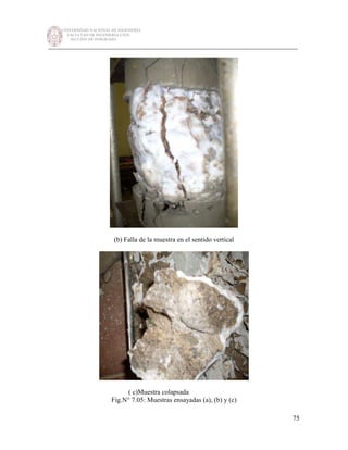 UNIVERSIDAD NACIONAL DE INGENIERÍA
FACULTAD DE INGENIERÍA CIVIL
SECCIÓN DE POSGRADO
_________________________________________________________________________
75
(b) Falla de la muestra en el sentido vertical
( c)Muestra colapsada
Fig.N° 7.05: Muestras ensayadas (a), (b) y (c)
 