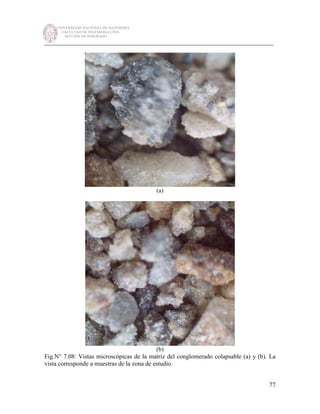 UNIVERSIDAD NACIONAL DE INGENIERÍA
FACULTAD DE INGENIERÍA CIVIL
SECCIÓN DE POSGRADO
_________________________________________________________________________
77
(a)
(b)
Fig.N° 7.08: Vistas microscópicas de la matriz del conglomerado colapsable (a) y (b). La
vista corresponde a muestras de la zona de estudio.
 