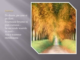 toamnaPe drum, pe case si pe floriFrumoase brume-si pun cununa...Se-ascunde soarele in nori -Asa e toamna-ntotdeauna