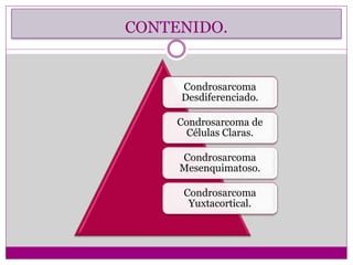 CONTENIDO.
Condrosarcoma
Desdiferenciado.
Condrosarcoma de
Células Claras.
Condrosarcoma
Mesenquimatoso.
Condrosarcoma
Yuxtacortical.
 