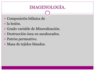IMAGENOLOGÍA.
 Composición bifásica de
 la lesión.
 Grado variable de Mineralización.
 Destrucción ósea en sacabocados.
 Patrón permeativo.
 Masa de tejidos blandos.
 