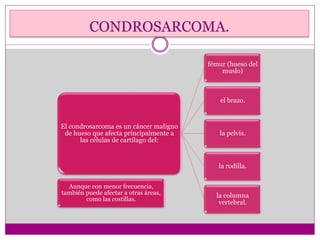El condrosarcoma es un cáncer maligno
de hueso que afecta principalmente a
las células de cartílago del:
fémur (hueso del
muslo)
el brazo.
la pelvis.
la rodilla.
la columna
vertebral.
Aunque con menor frecuencia,
también puede afectar a otras áreas,
como las costillas.
CONDROSARCOMA.
 