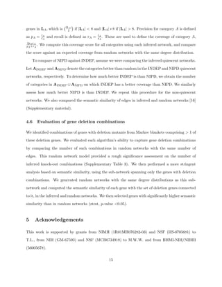 |LA |
genes in LA , which is       2     if |LA | < 8 and |LA | ∗ 8 if |LA | > 8. Precision for category A is deﬁned
            lA                                   lA
as pA =     tA   and recall is deﬁned as rA =    sA .   These are used to deﬁne the coverage of category A,
2pA rA
pA +rA .   We compute this coverage score for all categories using each inferred network, and compare

the score against an expected coverage from random networks with the same degree distribution.

    To compare of NIPD against INDEP, assume we were comparing the inferred quiescent networks.

Let AINDEP and ANIPD denote the categories better than random in the INDEP and NIPD quiescent

networks, respectively. To determine how much better INDEP is than NIPD, we obtain the number

of categories in AINDEP ∪ ANIPD on which INDEP has a better coverage than NIPD. We similarly

assess how much better NIPD is than INDEP. We repeat this procedure for the non-quiescent

networks. We also compared the semantic similarity of edges in inferred and random networks [16]

(Supplementary material).


4.6    Evaluation of gene deletion combinations

We identiﬁed combinations of genes with deletion mutants from Markov blankets comprising > 1 of

these deletion genes. We evaluated each algorithm’s ability to capture gene deletion combinations

by comparing the number of such combinations in random networks with the same number of

edges. This random network model provided a rough signiﬁcance assessment on the number of

inferred knock-out combinations (Supplementary Table 3). We then performed a more stringent

analysis based on semantic similarity, using the sub-network spanning only the genes with deletion

combinations. We generated random networks with the same degree distributions as this sub-

network and computed the semantic similarity of each gene with the set of deletion genes connected

to it, in the inferred and random networks. We then selected genes with signiﬁcantly higher semantic

similarity than in random networks (ztest, p-value <0.05).



5     Acknowledgements

This work is supported by grants from NIMH (1R01MH076282-03) and NSF (IIS-0705681) to

T.L., from NIH (GM-67593) and NSF (MCB0734918) to M.W.W. and from HHMI-NIH/NIBIB

(56005678).

                                                          15
 
