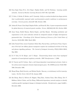 [26] Eran Segal, Dana Pe’er, Aviv Regev, Daphne Koller, and Nir Friedman. Learning module

    networks. Journal of Machine Learning Research, 6:557–588, April 2005.

[27] T. Stein, J. Kricke, D. Becher, and T. Lisowsky. Azf1p is a nuclear-localized zinc-ﬁnger protein

    that is preferentially expressed under non-fermentative growth conditions in saccharomyces

    cerevisiae. Current genetics, 34(4):287–296, October 1998.

[28] Joshua M. Stuart, Eran Segal, Daphne Koller, and Stuart K. Kim. A gene-coexpression network

    for global discovery of conserved genetic modules. Science, 302(5643):249–255, October 2003.

[29] Amos Tanay, Roded Sharan, Martin Kupiec, and Ron Shamir. Revealing modularity and

    organization in the yeast molecular network by integrated analysis of highly heterogeneous

    genomewide data. Proceedings of the National Academy of Sciences of the United States of

    America, 101(9):2981–2986, March 2004.

[30] Lidia Tom´s-Cobos, Laura Casadom´, Gl`ria Mas, Pascual Sanz, and Francesc Posas. Expres-
              a                      e    o

    sion of the hxt1 low aﬃnity glucose transporter requires the coordinated activities of the hog

    and glucose signalling pathways. The Journal of biological chemistry, 279(21):22010–22019,

    May 2004.

[31] D. P. Tuck, H. M. Kluger, and Y. Kluger. Characterizing disease states from topological

    properties of transcriptional regulatory networks. BMC Bioinformatics, 7, 2006.

[32] O. Vincent and M. Carlson. Sip4, a snf1 kinase-dependent transcriptional activator, binds to

    the carbon source-responsive element of gluconeogenic genes. The EMBO journal, 17(23):7002–

    7008, December 1998.

[33] Zhong Wang, Mark Gerstein, and Michael Snyder. Rna-seq: a revolutionary tool for transcrip-

    tomics. Nat Rev Genet, 10(1):57–63, January 2009.

[34] Bai Zhang, Huai Li, Rebecca B. Riggins, Ming Zhan, Jianhua Xuan, Zhen Zhang, Eric P.

    Hoﬀman, Robert Clarke, and Yue Wang. Diﬀerential dependency network analysis to identify

    condition-speciﬁc topological changes in biological networks. Bioinformatics, pages btn660+,

    December 2008.

                                                 21
 
