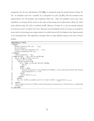 parameters for the new distribution P (Xi |M∗ ) is estimated using the pooled dataset (Steps 10-
                                            Ei

12). A candidate move for a variable Xi is composed of a pair {Xj , E } with the maximal score

improvement over all variables and conditions (Step 16). After all candidate moves have been

identiﬁed, we attempt all the moves in the order of decreasing score improvement (Step 18). Each

move adds the edge {Xi , Xj } in condition set E . However, if either Xi or Xj was already updated

in a previous move, we ignore the move. Because not all candidate moves are made, by sorting the

move order in decreasing score improvement, we enable moves with the highest score improvements

to be attempted ﬁrst. The algorithm converges when no edge addition improves the score of the k

graphs.

Algorithm 1 NIPD
 1: Input:
      Random variable set, X = {X1 , · · · , X|X| }
      Set of conditions C
      Datasets of RV joint assignments, {D1 , · · · , D|C| }
      maximum neighborhood size, kmax
 2: Output:
       Inferred graphs G1 , · · · , G|C|
 3: while Score(G1 , · · · , G|C| ) does not stabilize do
 4:   for Xi ∈ X do {/*Propose moves*/ }
 5:      for Xj ∈ (X  {Xi }) do
 6:         for E ∈ powerset(C) do
 7:            if Xj ∈ M∗ , s.t either D ⊂ E or E ⊂ D then
                             iD
 8:               Skip Xj .
 9:            end if
10:            if |E| > 1 then
11:               Estimate parameters for new conditional P (Xi |M∗ Ei ∪ {Xj }) using pooled dataset DE obtained
                  from merging all De s.t. e ∈ E.
12:            end if
13:            compute ∆Score{Xi Xj }E .
14:          end for
15:      end for
16:      Store {Xi , Xj , E } as candidate move for Xi , where {Xj , E } = arg max ∆Score{Xi Xj }E
                                                                          j,E
17:   end for
18:   Make candidate moves {Xi , Xj , E } in order of decreasing score improvement /*Attempt moves to modify graph
      structures*/
19: end while




                                                       25
 