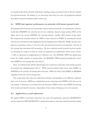 on simulated data from networks with known topology, giving us ground truth to directly validate

the inferred networks. We address (c) on microarray data from two yeast cell populations isolated

from glucose-starved stationary phase cultures [2].


2.1   NIPD had superior performance on networks with known ground truth

We simulated data from two sets of networks, each set with two networks, one network per condition.

In the ﬁrst, HIGHSIM, the networks for the two conditions, shared a larger portion (60%) of the

edges, and in the second, LOWSIM, the networks shared a smaller (20%) portion of the edges.

We compared the networks inferred by NIPD to those inferred by INDEP by assessing the match

between true and inferred node neighborhoods (See Supplementary Methods). Brieﬂy, the data were

split into q partitions, where q ∈ {2, 4, 6, 8, 10}, and networks learned for each partition. The size of

the training data decreased with increasing q. We ﬁrst evaluated overall network structure quality

by obtaining the number of nodes on which one approach was signiﬁcantly better (t-test p-value,

< 0.05) in capturing its neighborhood as a function of q. On LOWSIM, NIPD was signiﬁcantly

better for smaller amounts of training data. On HIGHSIM, NIPD performed signiﬁcantly better

than INDEP for all training data sizes (Fig 1).

   Next, we evaluated how well the shared edges were captured as a function of decreasing amounts

of training data (Supplementary Fig 1). NIPD captured shared edges better than INDEP on

LOWSIM as the amounts of training data decreased. NIPD was better than INDEP on HIGHSIM

regardless of the size of the training data.

   Our results show that when the underlying networks corresponding to the diﬀerent conditions

share a lot of structure, NIPD has a signiﬁcantly greater advantage than INDEP, which does not do

any pooling. Furthermore, as training data size decreases, NIPD is better than INDEP for learning

both overall and shared structures, independent of the extent of sharing in the true networks.


2.2   Application to yeast quiescence

We applied NIPD to microarray data from two yeast cell populations, quiescent (QUIESCENT)

and non-quiescent (NON-QUIESCENT), isolated from glucose starvation-induced stationary phase


                                                   5
 