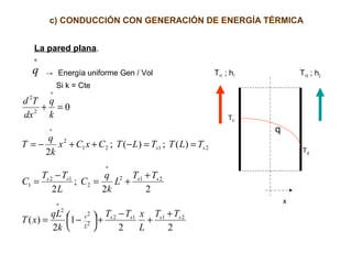 c) CONDUCCIÓN CON GENERACIÓN DE ENERGÍA TÉRMICA
La pared plana.
→ Energía uniforme Gen / Vol T∞1 ; h1 T∞2 ; h2
Si k = Cte
Ts1
q
Ts2
x
∗
q
22
1
2
)(
22
;
2
)(;)(;
2
0
2112
2
2
2
212
2
12
1
2121
2
2
2
ssss
L
x
ssss
ss
TT
L
xTT
k
qL
xT
TT
L
k
q
C
L
TT
C
TLTTLTCxCx
k
q
T
k
q
dx
Td
+
+
−
+



 −=
+
+=
−
=
==−++−=
=+
∗
∗
∗
∗
 